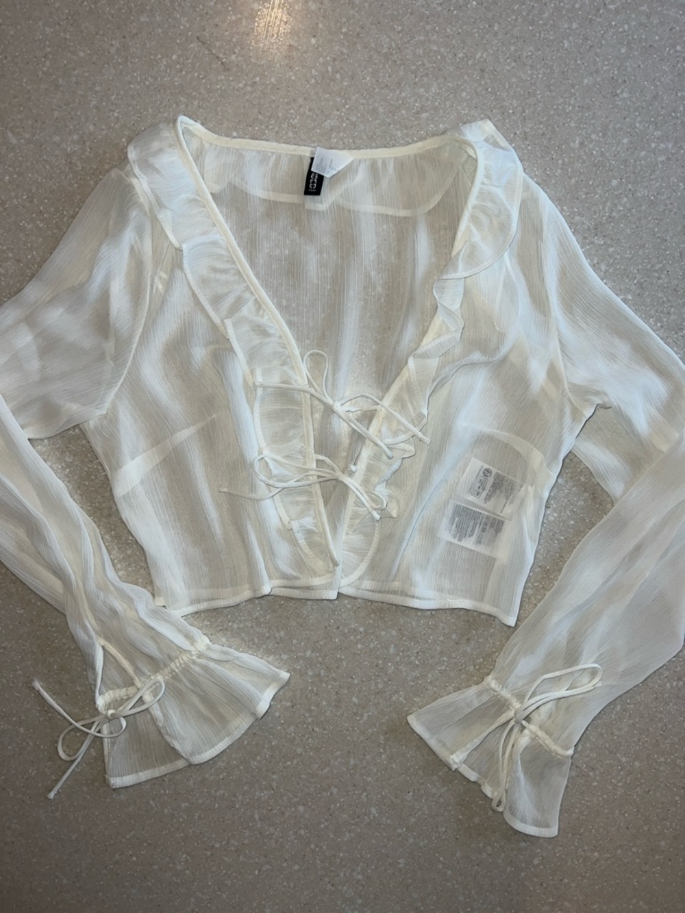 Divided Sheer White Lace-Up Ruffle Crop Blouse